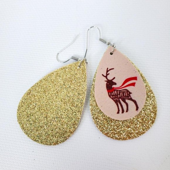 Holiday Christmas Sparkly Gold Raindeer Lightweight Earrings - Picture 2 of 3